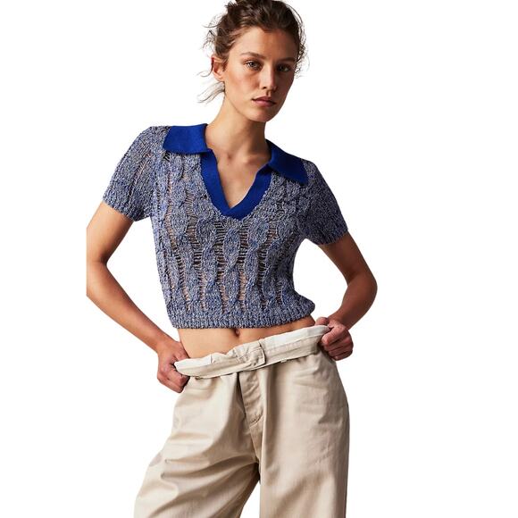 NWOT Free People Cassia Polo V-neck Collar Open Cable Knit Cropped Sweater - xs - Picture 1 of 8
